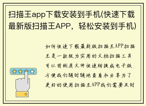 扫描王app下载安装到手机(快速下载最新版扫描王APP，轻松安装到手机)